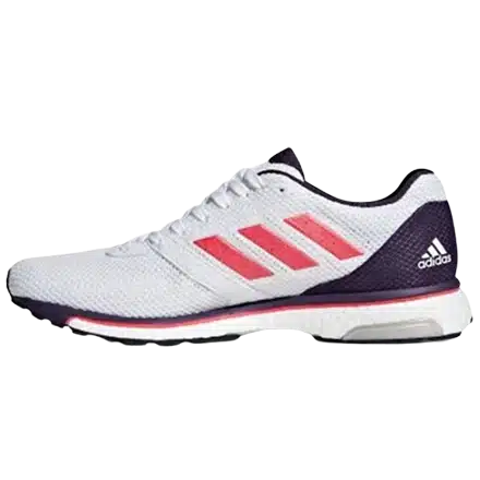 Women's lightweight racing shoe (Adidas Adizero) recommended by podiatrists for speed work and neutral support.