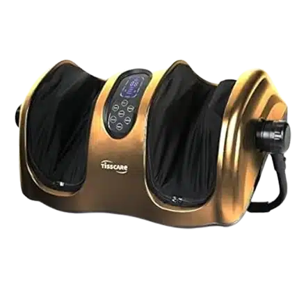 TISCARE Shiatsu Calf Foot Massager Machine with Heat. A dark grey machine offering deep-kneading massage for conditions like Plantar Fasciitis and Neuropathy, featuring an adjustable bar.