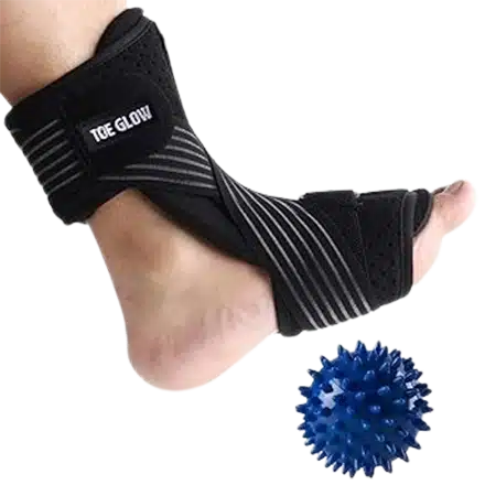 Toe Glow Plantar Fasciitis Night Splint Foot Drop Orthotic Supports Kit. An adjustable black dorsal night splint used for sleep, recovery, tendonitis, and arthritis, sold as a kit with a hard spiky massage ball.