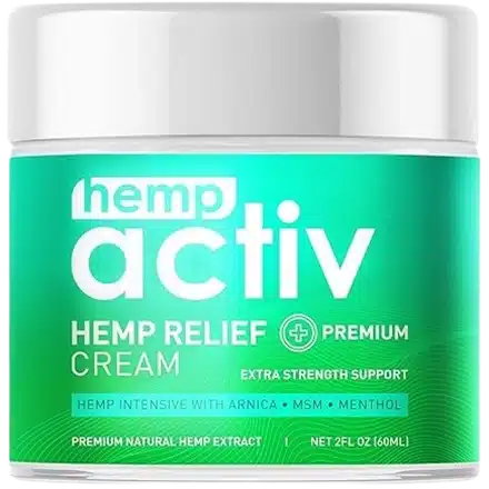 Hemp Activ Hemp Relief Cream, 2 Fl Oz. The jar has a green label and the cream is described as a Lightweight, Fast-Absorbing Moisturizing Cream with Menthol, MSM, and Arnica.
