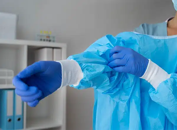A medical professional at Michigan Foot Doctors putting on a sterile surgical gown and gloves, ensuring a safe and hygienic environment for wart removal procedures.