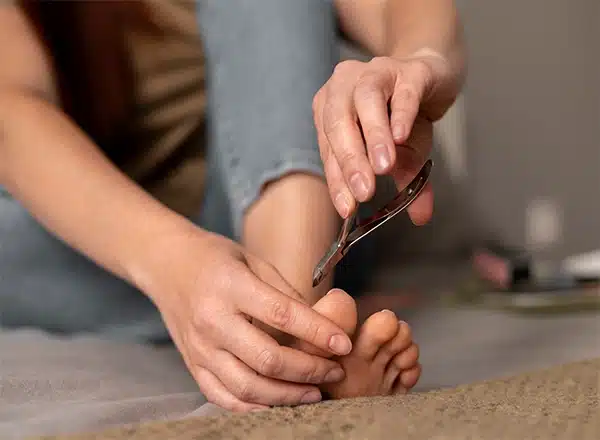 A female caretaker kneeling to assist an elderly man with putting on his leather shoes in a bedroom equipped with a wheelchair and walking aids.
