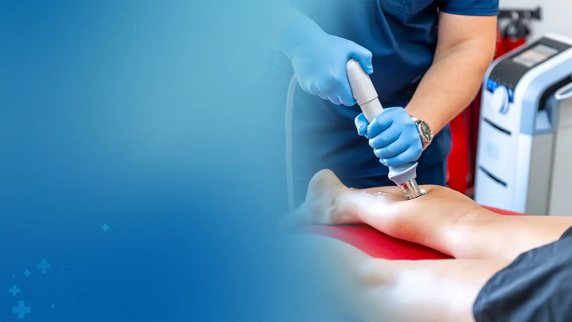 Doctor Examining Ankle With Ultrasound, Patient Walking Pain Free With Supportive Brace, Or Physical Therapy Session.