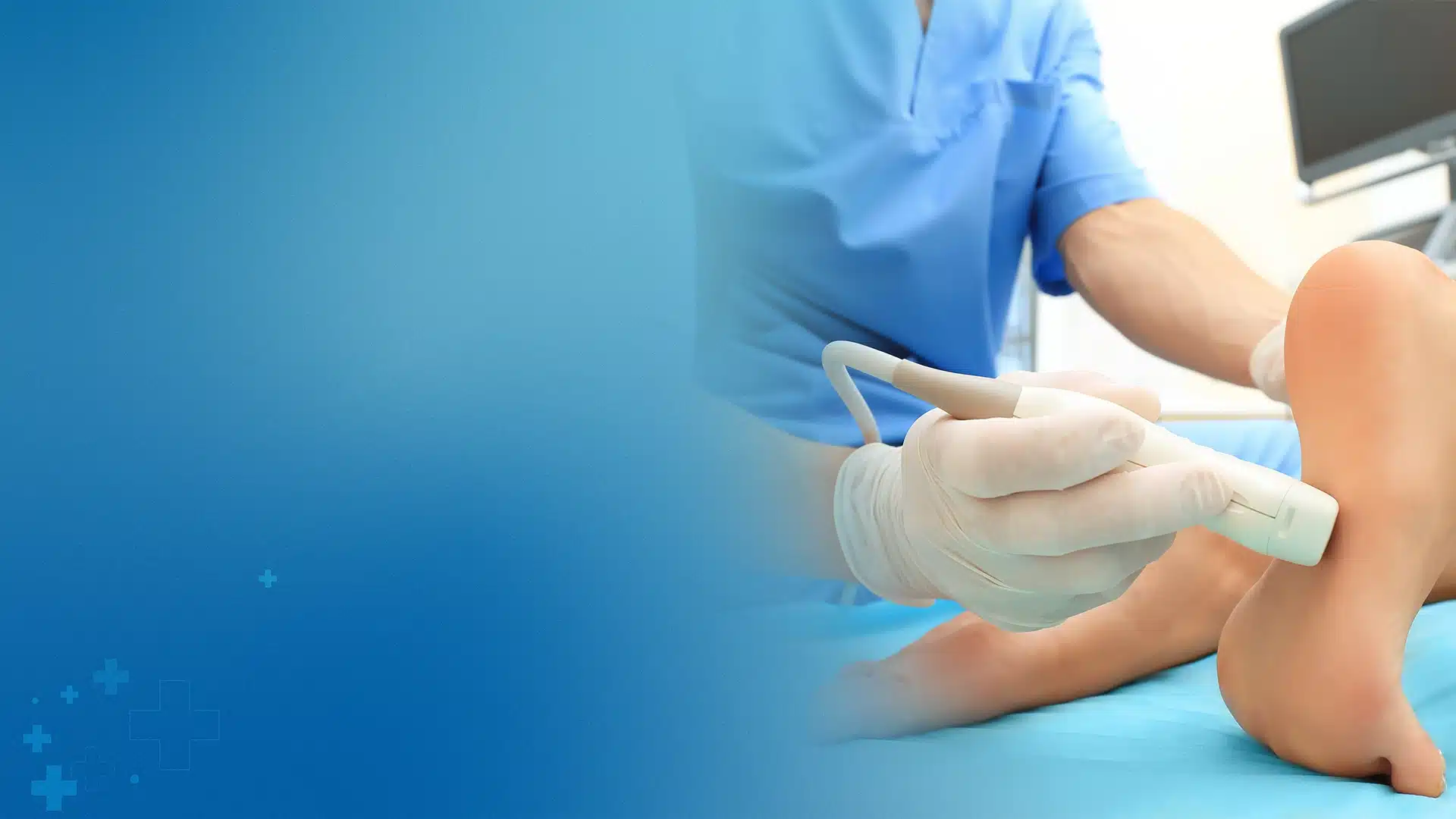 Patient Walking Pain Free, Doctor Examining Heel With Ultrasound, Or Supportive Footwear Demonstration.