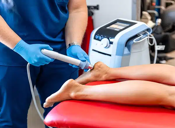 Post-operative care at Michigan Foot Doctors showing a podiatrist applying a compression bandage after plantar fascia surgery