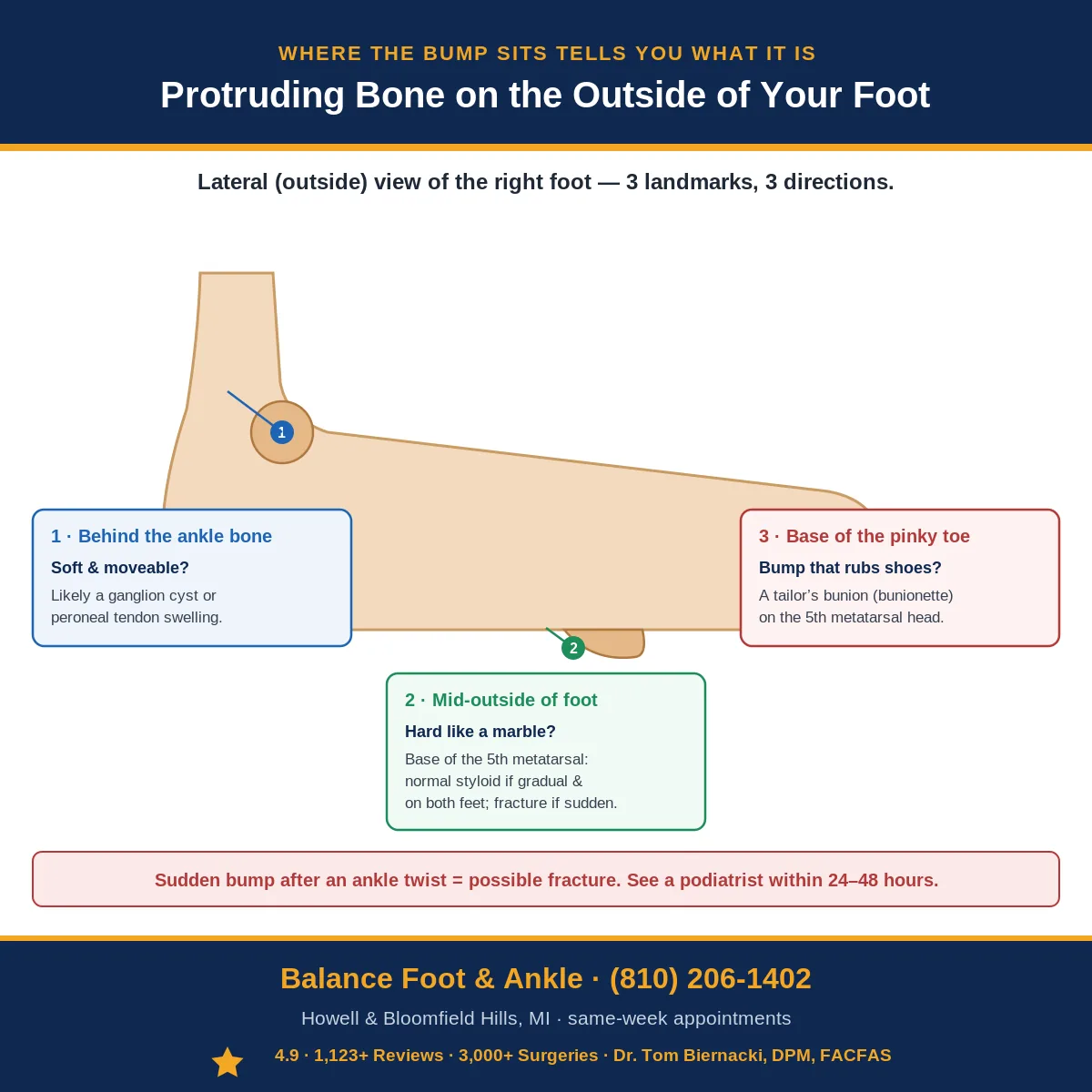 Lateral foot diagram mapping a protruding bone location to its diagnosis - styloid, ganglion, tailors bunion - Balance Foot & Ankle Howell MI