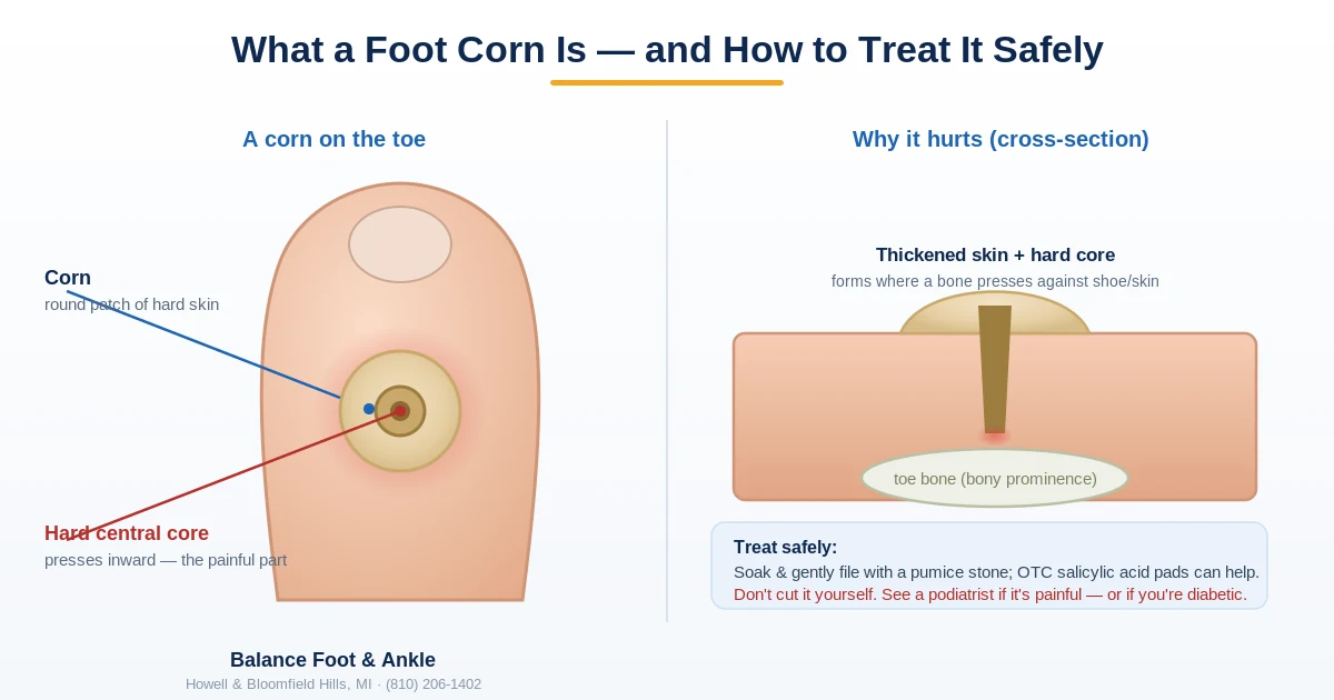 Diagram of a foot corn - a round patch of hard skin with a painful central core over a toe bone, plus safe treatment tips - Balance Foot & Ankle, Howell MI
