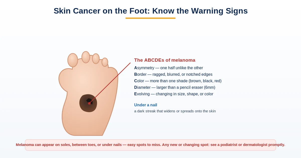 Diagram of foot skin cancer warning signs - the ABCDEs of melanoma plus dark streaks under the nail - Balance Foot & Ankle, Howell MI