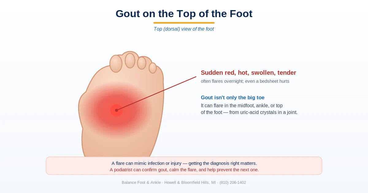 Diagram of gout on the top of the foot - sudden red, hot, swollen, tender midfoot from uric acid crystals - Balance Foot & Ankle, Howell MI