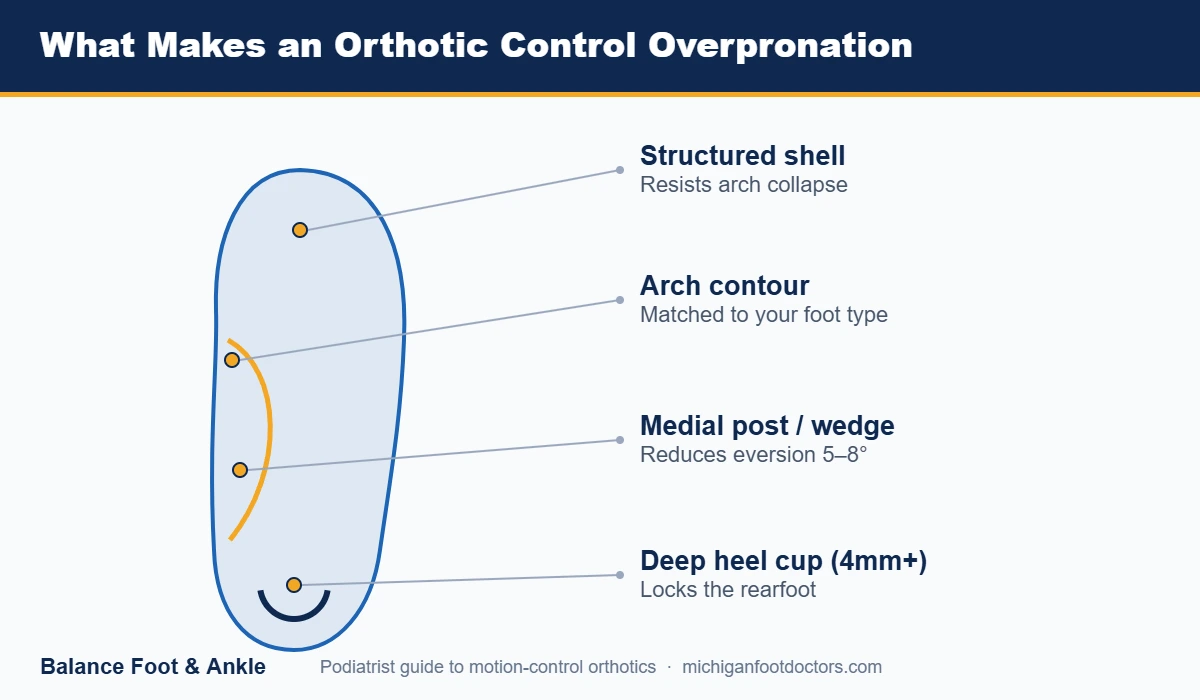 Diagram of a motion-control orthotic: structured shell, deep heel cup, medial post, and arch contour that control overpronation - Balance Foot & Ankle