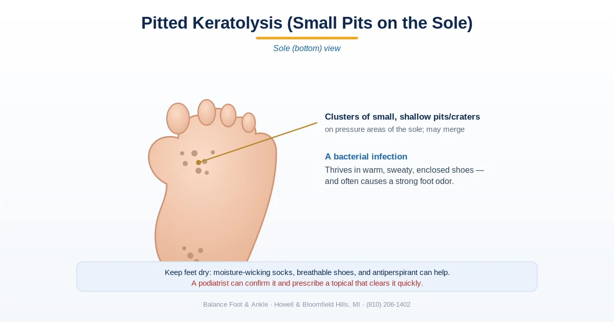 Diagram of pitted keratolysis - clusters of small pits on the sole from a bacterial infection, with odor - Balance Foot & Ankle, Howell MI