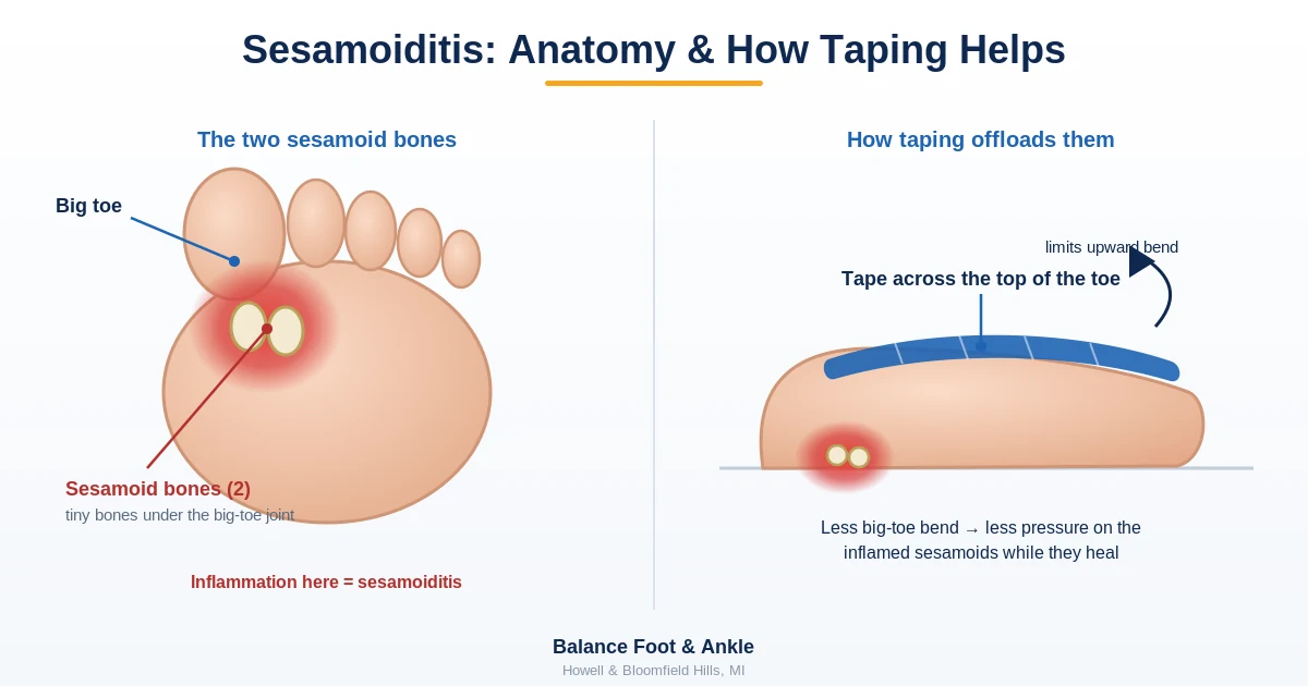 Diagram of the two sesamoid bones under the big toe and how taping limits big-toe bend to offload them - sesamoiditis, Balance Foot & Ankle, Howell MI