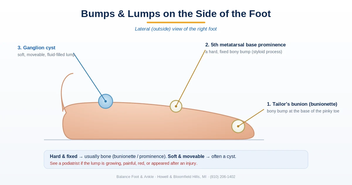 Diagram of common bumps and lumps on the side of the foot - tailor bunion, 5th metatarsal prominence, and ganglion cyst - Balance Foot & Ankle, Howell MI