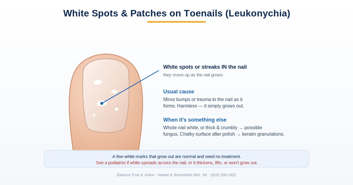 Diagram of white spots and patches on toenails (leukonychia) - usually harmless from minor trauma, vs fungus or keratin granulations - Balance Foot & Ankle, Howell MI