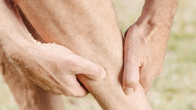 Man massaging his calf, the most commonly missed driver of heel pain - Balance Foot & Ankle, Howell MI