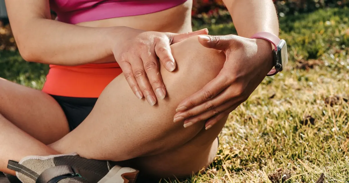 Runner in athletic shoes sitting on grass holding a sore knee - best running shoes for bad knees, Balance Foot and Ankle, Howell MI