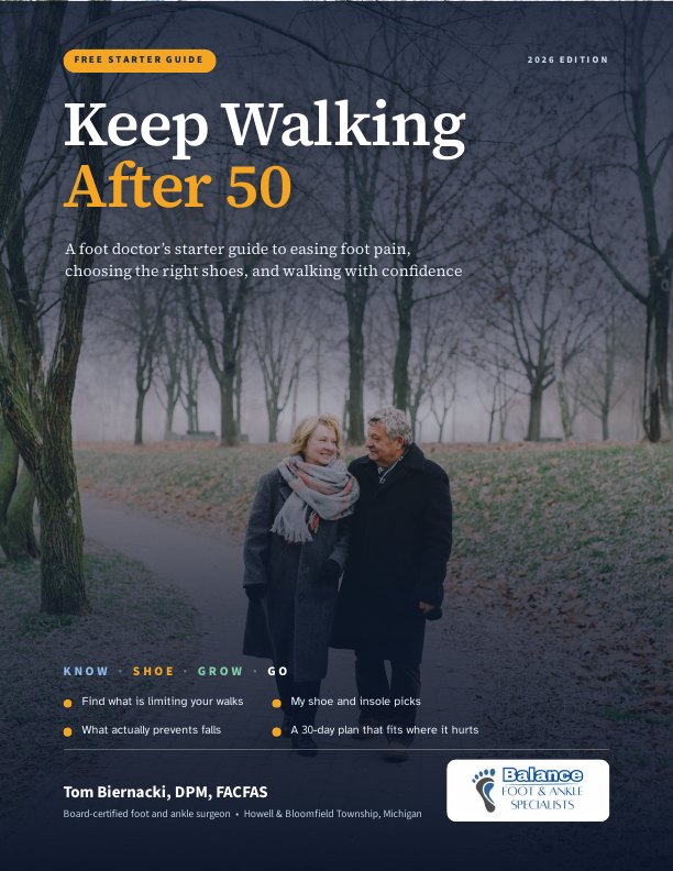 Cover of Keep Walking After 50, the free Starter Guide by Dr. Tom Biernacki, showing an older couple walking arm in arm on a park path